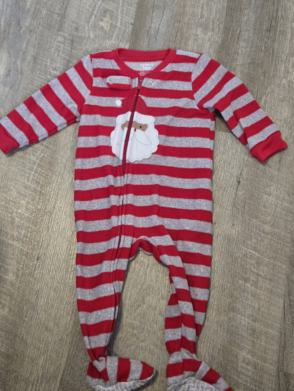 Red & Gray Striped Kids One-Piece Footed Pajamas with Santa Applique